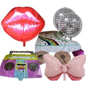 Retro Party Balloons, 6-Pk- Roller Skate, Boombox, Disco Balls, Lips & Bow